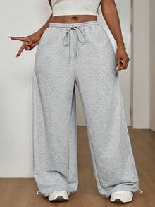 SHEIN PETITE CURVE 大码纯色休闲阔腿运动裤，适合娇小身材，曲线修身，喇叭裤型，日常休闲、居家、运动、上学、通勤、户外活动，抽绳设计，春季穿着，适合外出、参加嘉年华等场合，休闲百搭，宽松舒适。 - 灰色 - 查看 4