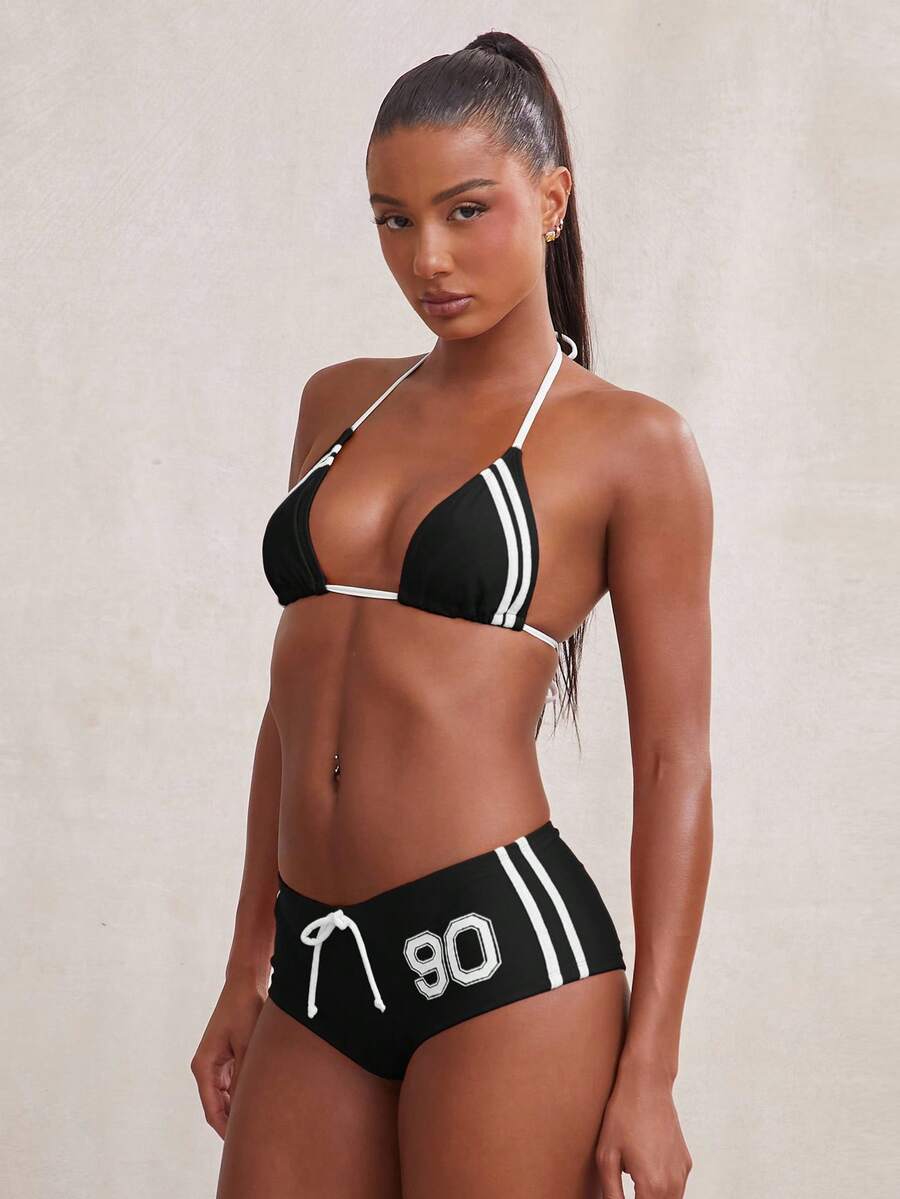 NYA SZN 女士泳装两件套比基尼短款性感运动条纹沙滩度假红色泳装套装 - 黑色 - 查看 1