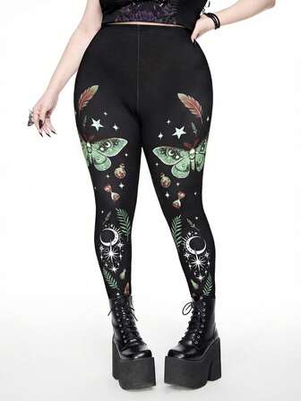 Goth Leggings neri con stampe gotiche di spine, farfalle, stelle, luna, pozioni magiche, piante e piume, per donne taglie forti, adatti per l'autunno/inverno