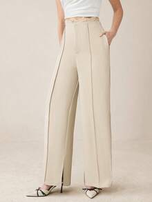 BizChic Pantalones de traje de mujer con diseño de pliegue frontal, cintura de encaje y bolsillos laterales, versátil para la oficina, ocasiones sociales y estilo Y2K, nueva colección primavera/verano en color albaricoque - Caqui - Ver 6