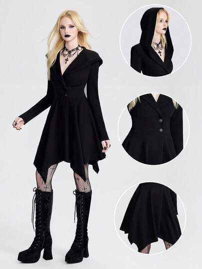 Breakform Chaqueta regular con capucha de mujer de un solo botonadura, bajo asimétrico y cintura ceñida de unicolor