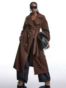 SHEIN EZwear 初秋棕色大码长款风衣 - 棕色 - 查看 4