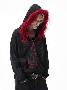 ROMWE MEN Goth Áo hoodie nam màu tối, viền lông mềm mại, có khóa kéo, kiểu dáng thường ngày, thích hợp cho mùa thu. - màu đen - Xem 7