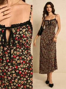 Poéselle 女士印花蕾丝拼接吊带连衣裙 - 黑色 - 查看 3