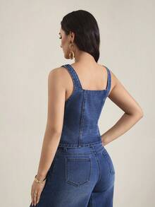 SHEIN Tall Chaleco vaquero de mujer con cuello cuadrado, flor de metal y abotonadura sencilla - Azul - Ver 2