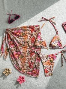 Swim Vcay 3 pièces Ensemble de maillot de bain à col ras-du-cou avec décoration métallique, imprimé aléatoire, printemps/été pour femmes