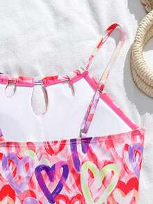 SHEIN 8-12岁女童露背连体泳衣，带裙式罩衫，水彩爱心印花泳装，镂空设计弹力泳衣，适合沙滩泳池游泳 - 彩色 - 查看 6