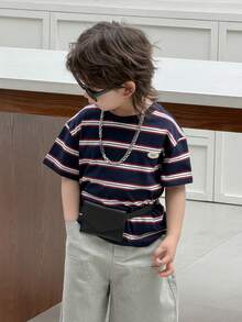 DAZY Camiseta de manga corta de cuello redondo holgada y casual con rayas para niño, verano - Azul Marino - Ver 5