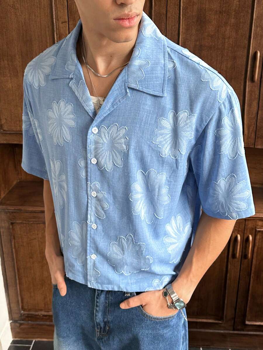 SWAVVY New Spring/Summer Jacquard Floral Blue & White Casual Vacation Party Short Sleeve Shirt Light Blue Graphic Shirt Light Blue Floral Men Shirt Vintage Men Shirt Baby Blue Shirt Men Graphic Blue Hawaiian Shirt - Blue - View 1