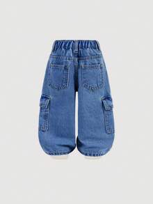 SHEIN Quần jean denim dáng rộng, họa tiết rằn ri bạc màu, túi hộp, phong cách đường phố cho bé trai, thích hợp cho mùa thu/đông. - Rửa tối - Xem 2