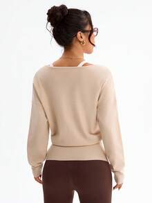 Dewbera Áo len yoga nữ dáng rộng cổ chữ V tay cánh dơi, áo tập luyện kéo khóa cho chạy bộ, pilates, thể dục, tay dài - Lạc đà - Xem 2