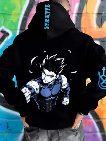 SHEIN 青少年男孩卡通图案印花卫衣，休闲学院风，舒适柔软面料，百搭实用，适合日常穿着、上学、外出、街头时尚嘻哈流行说唱风格户外活动、秋冬季服装、返校季、节日派对等场合。图案卫衣，男孩卫衣，动漫服装，青少年男孩卫衣，动漫图案卫衣，黑色卫衣。