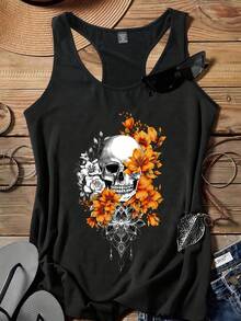 SHEIN LUNE Top de tirantes ajustado con estampado de flores y calavera de talla grande para mujer, informal para el verano - Negro - Ver 1