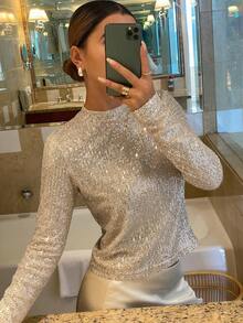 Livesso Women's Round Neck Sequin Patchwork Casual Versatile Party Long Sleeve T-Shirt Carnival - Silver - View 6