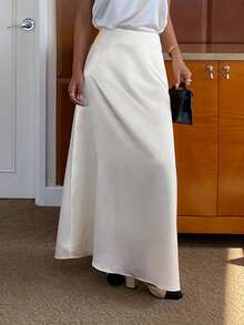 Livesso Satin Banquet Fitted Solid Color Versatile Women Skirt - Beige - View 1