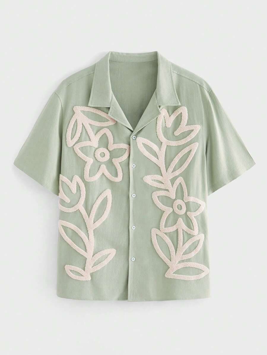 EASEVO 男士加大码花卉刺绣短袖单排扣休闲衬衫 - 綠色 - 查看 1