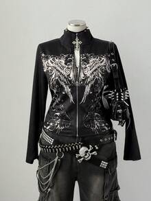 Sunspun 大码女式修身立领复古前卫朋克风印花水钻装饰前拉链夹克卫衣，秋冬款 - 黑色 - 查看 1