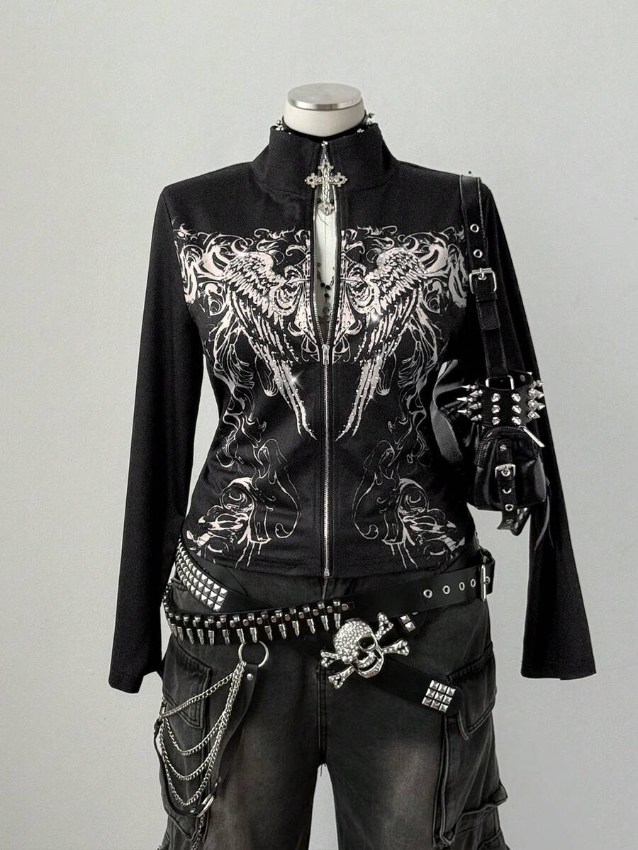 Sunspun 大码女式修身立领复古前卫朋克风印花水钻装饰前拉链夹克卫衣，秋冬款 - 黑色 - 查看 1