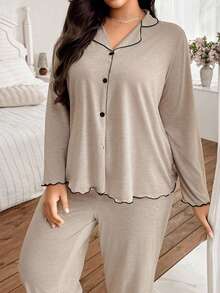 Lazeform Plain Khaki 2-Pieces Lounge Wear Set With Long Sleeves And Lettuce Trim Top & Pants Casual Loose Frill Trim Super Soft Draping Lightweight Summer Knit Khaki Fabric Plus Size Open Front Long Sleeve Top & Pants Set, Outfits  Cozy And Elegant Details, Fall Winter Clothes - Khaki - View 7