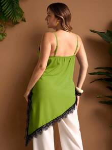 Elegantrix 大码女式都市休闲蕾丝不对称下摆V领拼接纯色吊带背心 - 綠色 - 查看 5