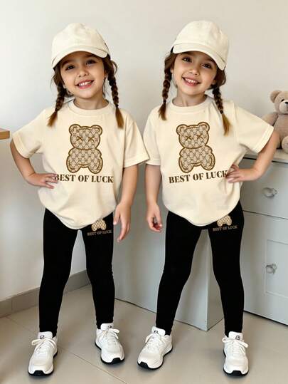 SHEIN Young Girl Casual Fashionable Creative Cute Graphic Letter Print Tee And Leggings 2-Piece Set