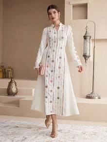 Al Najma Vestido árabe de manga larga bordado de manera tradicional para mujeres - Albaricoque - Ver 3