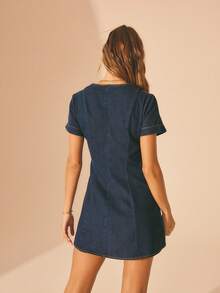 Aralina Đầm ngắn tay dáng xòe, cài cúc phía trước, eo thắt, chất liệu denim, thích hợp mặc mùa hè cho nữ, kiểu dáng thường ngày. - Rửa tối - Xem 2