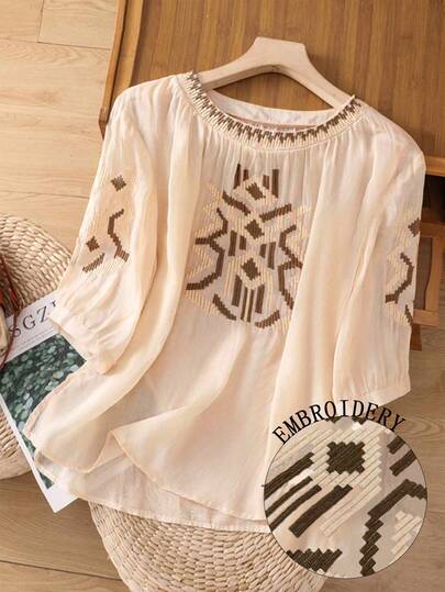 EMERY ROSE Nueva blusa vintage bordada con flores, camisa casual elegante de talla grande