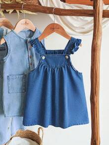 女童纯色休闲牛仔外套 - 中等水洗藍 - 查看 1