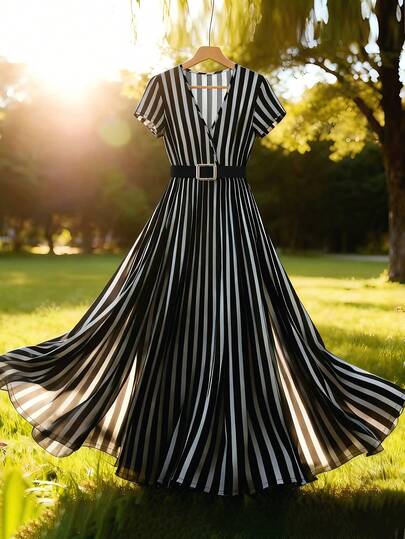 Franclia New Striped Fashionable Cinched Waist Elegant Women Dress