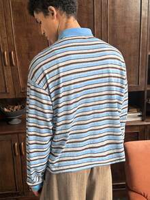 SWAVVY 男士条纹长袖休闲通勤 Polo 衫 - 藍色 - 查看 3