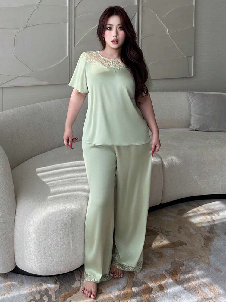 Dazy Plus 2pcs Plus Size Women Contrast Lace Loose Short Sleeve Top And Long Pants Pajama Set, Spring/Summer