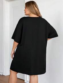 SHEIN CURVE+ 休闲宽松圆领短袖露脐女式连衣裙，适合夏季穿着 - 黑色 - 查看 2