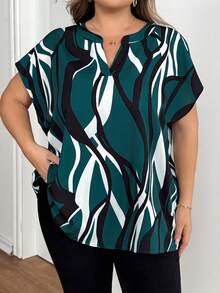 SHEIN CURVE+ Plus Size Women's Printed V-Neck Batwing Short Sleeve Casual Shirt Women Blouses Summer Tops Shirts - Multicolor - View 7