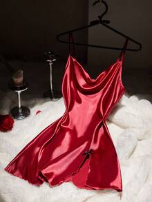 SilkySpell فستان نوم نسائي من الساتان الحريري بحمالات رفيعة وشق على الفخذ، مناسب لعيد الميلاد - عنابي اللون - مشاهدة 7