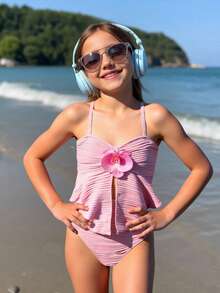 SHEIN Tween GirlsSolid Color Special Fabric Two Pieces Swimsuit, Snug Fit & Tummy Covering, Beach Outfit Pink Tankini Little Girl Swimwear Little Girl Tankini Swimsuit Tween Pink Tankini Pink Bow Swimsuit Kids Criss Cross One Piece Bathing Suits For Tween Girls - Pink - View 1