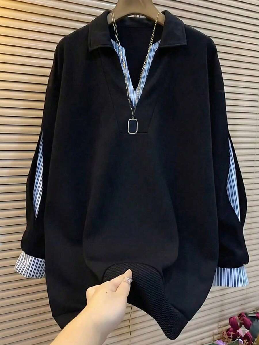 Franclia 大码女式条纹拼接休闲宽松长袖卫衣 - 黑色 - 查看 1