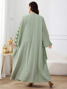 Al Najma Plus Size Women Floral Embroidery Drawstring Neck Casual Loose Party Flare Sleeve Arabic Style Dress