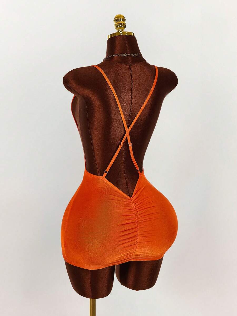 Amplova 女士时尚性感交叉露背褶皱紧身迷你连衣裙，夏季 - 橘色 - 查看 1