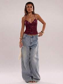 SHEIN BAE Women's Summer Sequin & Floral Embellished Camisole Top - Burgundy - View 4