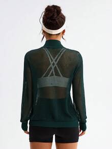 SHEIN Sports 女士撞色镂空针织透视毛衣 - 墨綠色 - 查看 2