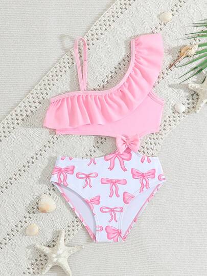 SHEIN Young Girls One-Pieces Young Girls One-Piece Swimsuit Playful/Cute Multi-Color Bow Print Pattern Knitted Fabric Shoulder Strap Lace Waist Bow One-Piece Suit, One-Piece One-Piece Swimsuit With One-Piece Bow, Fashionable Casual Exquisite Elegant Ladylike Suitable For Swimming, Suitable For Summer Vacation, Summer Beach, Seaside Swimming Pool, Swimming Pool, Summer Vacation Party, Leisure Vacation Ruffled Collar Swimwear Bow Print Swimsuit Bow Print Bikini Girls Swim Two Pieces