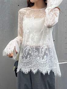 FRIFUL Women's Round Neck Mesh Sleeve Asymmetrical Lace Decor Loose Casual Top, Suitable For Summer Vacation - White - View 3