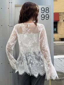 FRIFUL Women's Round Neck Mesh Sleeve Asymmetrical Lace Decor Loose Casual Top, Suitable For Summer Vacation - White - View 4