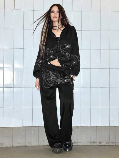 J-Fashion Felpa oversize da donna in stile Y2K casual punk con stampa, cintura con borchie