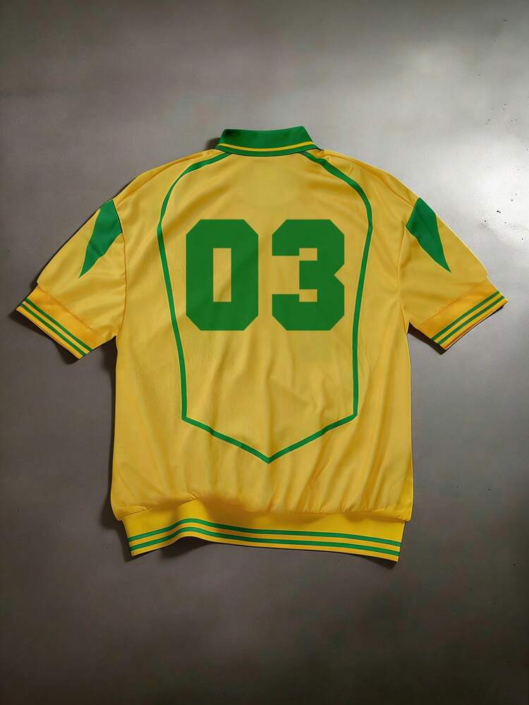 Retro Football Number Print Polo With Button Placket