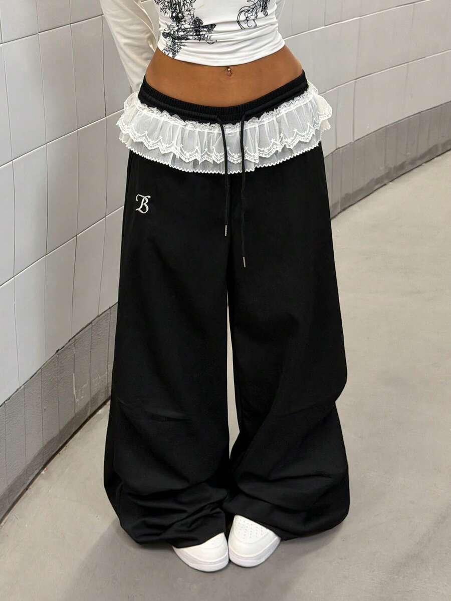 StreetHx Pantalon ample à jambes larges avec bordure en dentelle et couleur contrastée, style Y2K pour femmes. Streetwear décontracté, printemps/automne - Noir - Voir 1
