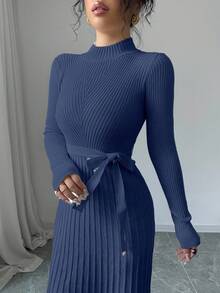 SHEIN Clasi 女士优雅纯色罗纹针织连衣裙，秋季 - 藍色 - 查看 5