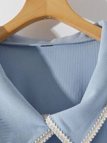 Franclia Summer New Polo Collar Short Sleeve T-Shirt, Designed Waist V-Neck Knit Sweater Baby Blue Top Light Blue Top Women Tops V Neck Shirt Elegant Top Baby Blue Tops Women Tops Elegant Baby Blue Top Women V Neck Shirts Aesthetic Tops Preppy Tops Collared Tops Wavy Pattern Top Short Sleeve Top - Blue - View 3