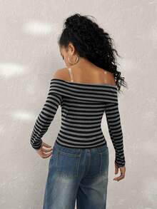 Tween Girls Spring/Summer,Basic Daily Wear Essentials,Y2K Streetwear,Black Stripe Knit Casual Off The Shoulder Top - Black - View 4
